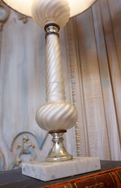 Pair of Antique FRENCH Ornate Frosted PEARL Glass & Marble Table Fireplace Lamps