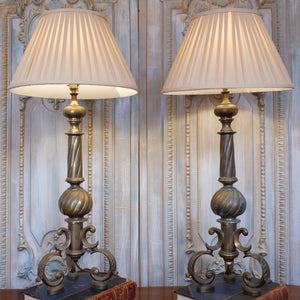 Pair of Antique Tall FRENCH Ornate METAL Gold Twisted Column Rustic Table Lamps