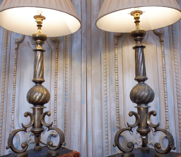 Pair of Antique Tall FRENCH Ornate METAL Gold Twisted Column Rustic Table Lamps