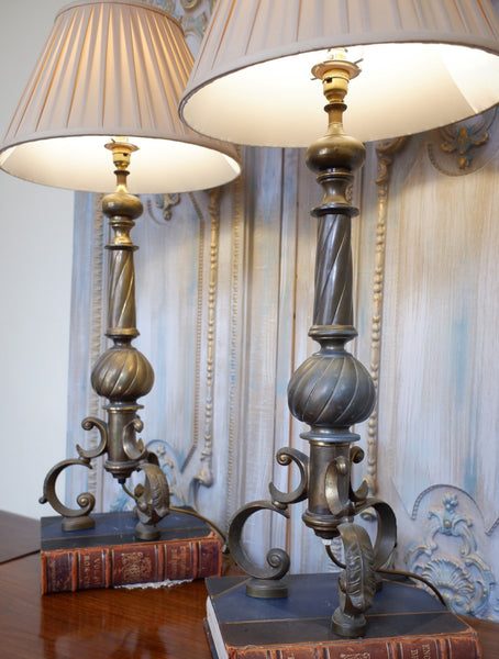 Pair of Antique Tall FRENCH Ornate METAL Gold Twisted Column Rustic Table Lamps