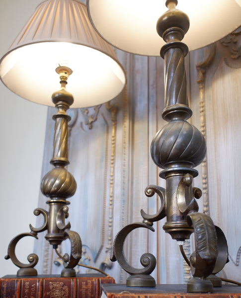 Pair of Antique Tall FRENCH Ornate METAL Gold Twisted Column Rustic Table Lamps