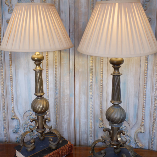 Pair of Antique Tall FRENCH Ornate METAL Gold Twisted Column Rustic Table Lamps