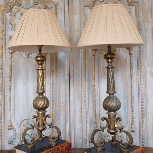 Pair of Antique Tall FRENCH Ornate METAL Gold Twisted Column Rustic Table Lamps