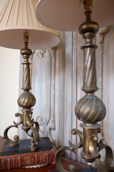 Pair of Antique Tall FRENCH Ornate METAL Gold Twisted Column Rustic Table Lamps