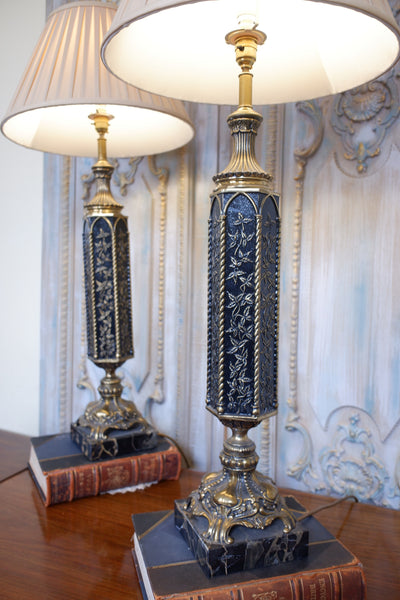 Pair of Antique Tall FRENCH Ornate METAL Black & Gold Column Marble Table Lamps