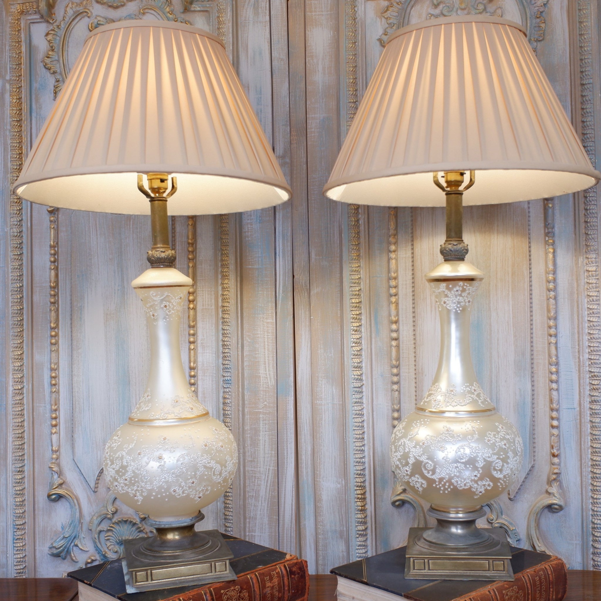 Pair of Antique Cream FRENCH Ornate Frosted PEARL Glass & Metal Table Fireplace Lamps