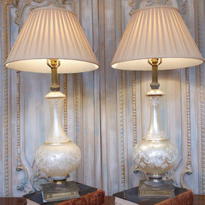 Pair of Antique Cream FRENCH Ornate Frosted PEARL Glass & Metal Table Fireplace Lamps