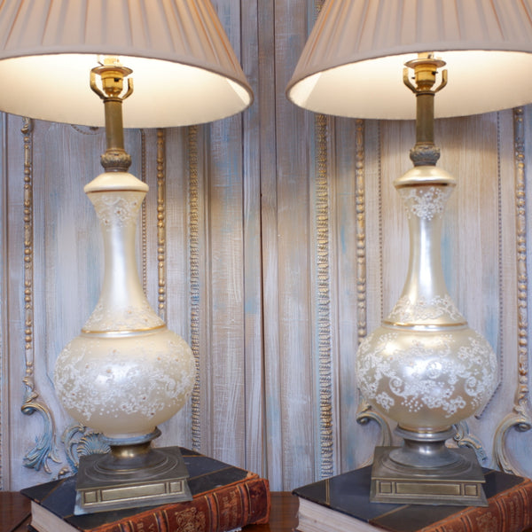 Pair of Antique Cream FRENCH Ornate Frosted PEARL Glass & Metal Table Fireplace Lamps