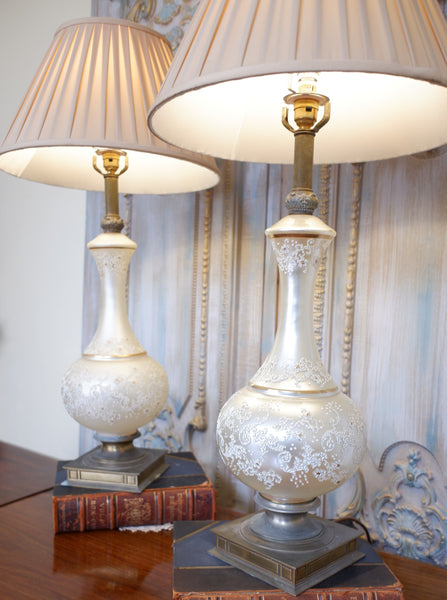 Pair of Antique Cream FRENCH Ornate Frosted PEARL Glass & Metal Table Fireplace Lamps