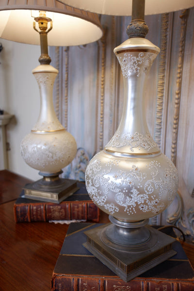 Pair of Antique Cream FRENCH Ornate Frosted PEARL Glass & Metal Table Fireplace Lamps