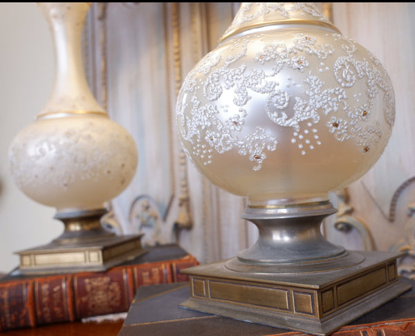 Pair of Antique Cream FRENCH Ornate Frosted PEARL Glass & Metal Table Fireplace Lamps