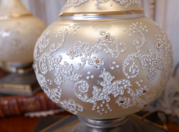 Pair of Antique Cream FRENCH Ornate Frosted PEARL Glass & Metal Table Fireplace Lamps