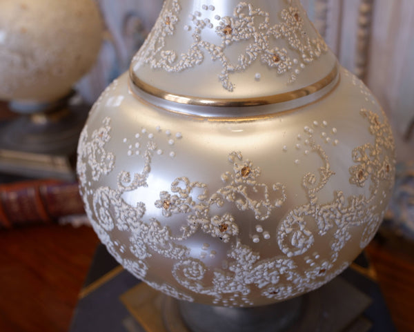 Pair of Antique Cream FRENCH Ornate Frosted PEARL Glass & Metal Table Fireplace Lamps