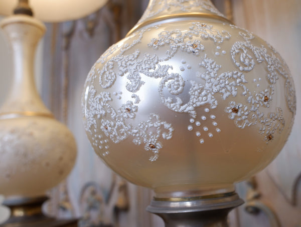 Pair of Antique Cream FRENCH Ornate Frosted PEARL Glass & Metal Table Fireplace Lamps
