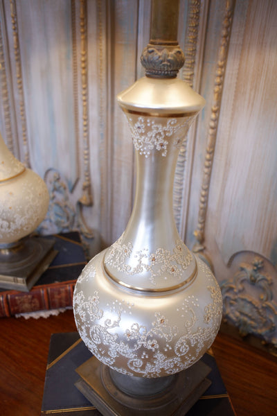 Pair of Antique Cream FRENCH Ornate Frosted PEARL Glass & Metal Table Fireplace Lamps