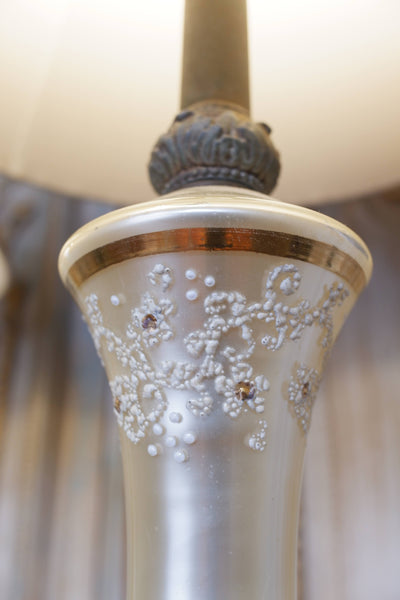 Pair of Antique Cream FRENCH Ornate Frosted PEARL Glass & Metal Table Fireplace Lamps
