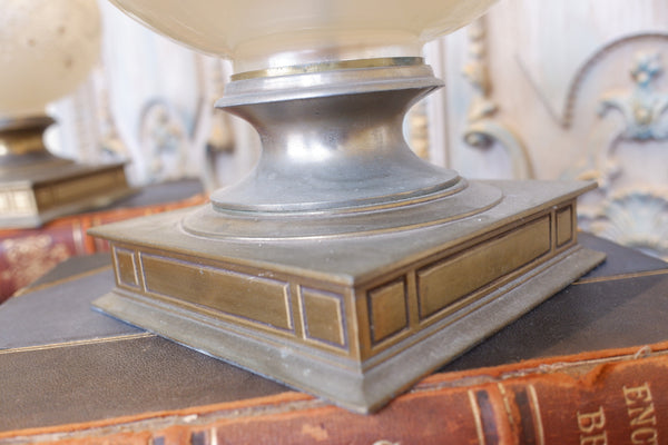 Pair of Antique Cream FRENCH Ornate Frosted PEARL Glass & Metal Table Fireplace Lamps
