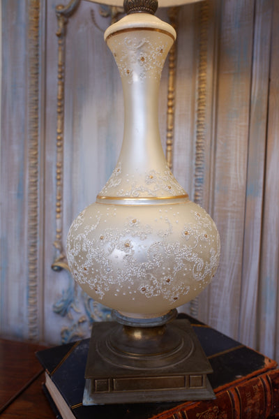 Pair of Antique Cream FRENCH Ornate Frosted PEARL Glass & Metal Table Fireplace Lamps