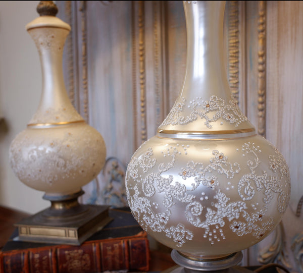 Pair of Antique Cream FRENCH Ornate Frosted PEARL Glass & Metal Table Fireplace Lamps