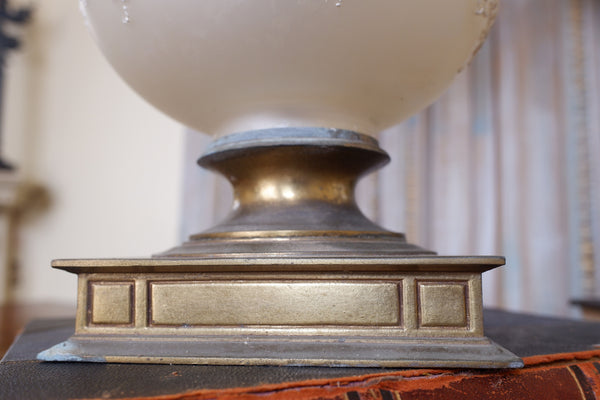 Pair of Antique Cream FRENCH Ornate Frosted PEARL Glass & Metal Table Fireplace Lamps