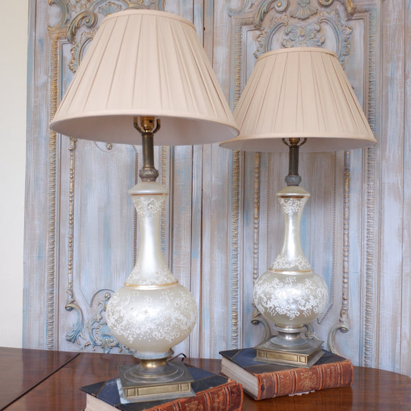 Pair of Antique Cream FRENCH Ornate Frosted PEARL Glass & Metal Table Fireplace Lamps