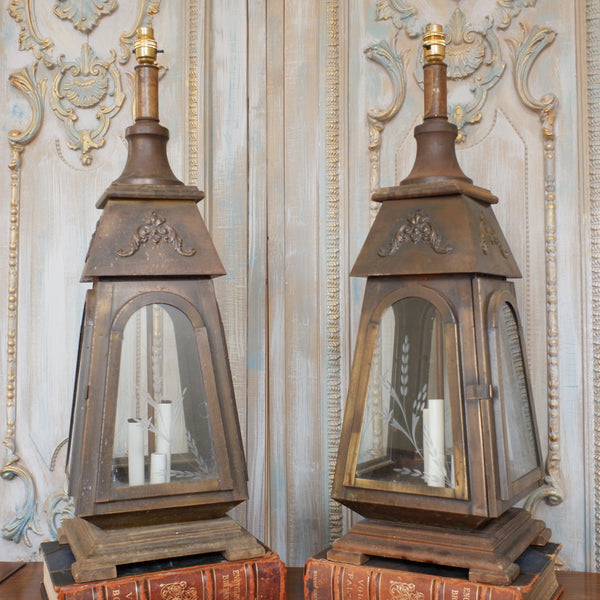 Pair of Vintage Tall FRENCH Ornate METAL Glass Etched Gold Table Lamps LANTERNS