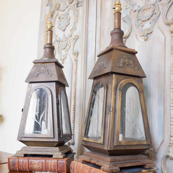 Pair of Vintage Tall FRENCH Ornate METAL Glass Etched Gold Table Lamps LANTERNS