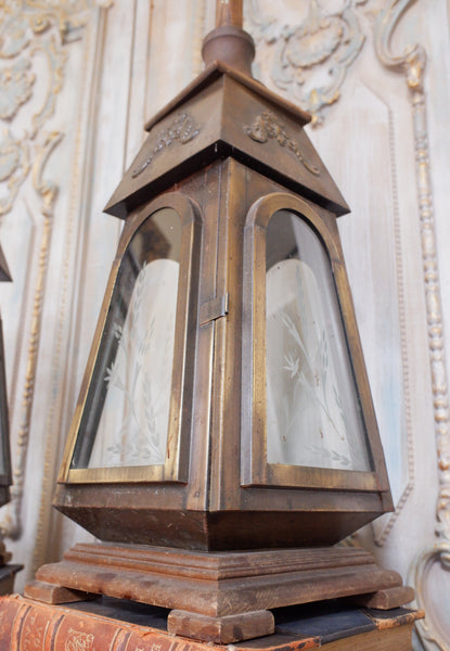 Pair of Vintage Tall FRENCH Ornate METAL Glass Etched Gold Table Lamps LANTERNS