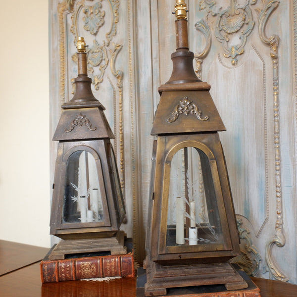 Pair of Vintage Tall FRENCH Ornate METAL Glass Etched Gold Table Lamps LANTERNS