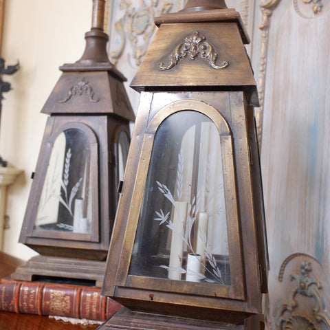 Pair of Vintage Tall FRENCH Ornate METAL Glass Etched Gold Table Lamps LANTERNS