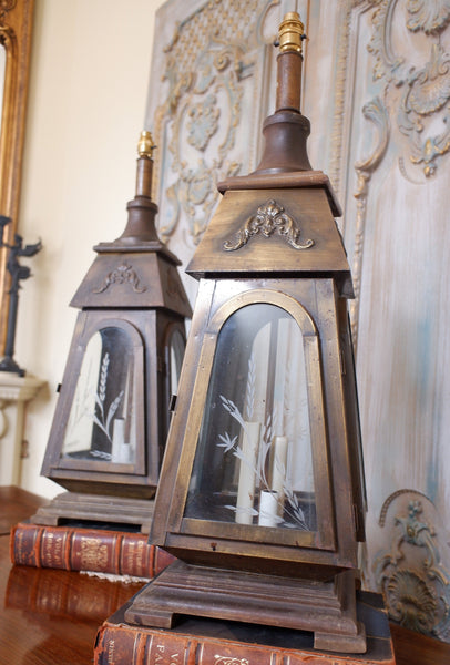 Pair of Vintage Tall FRENCH Ornate METAL Glass Etched Gold Table Lamps LANTERNS