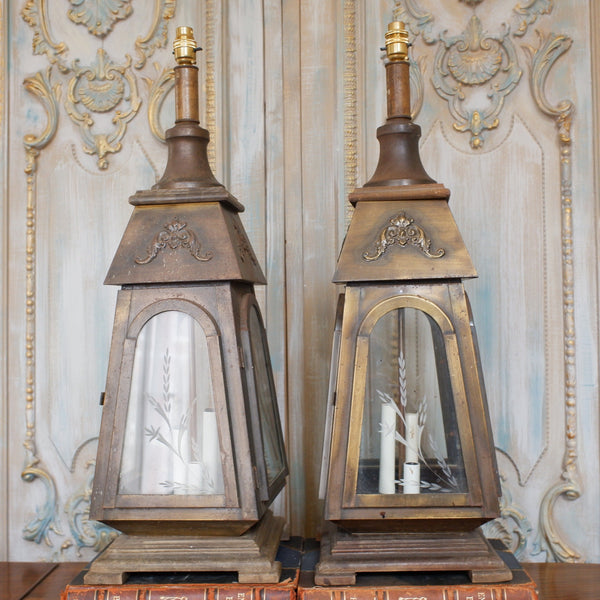 Pair of Vintage Tall FRENCH Ornate METAL Glass Etched Gold Table Lamps LANTERNS