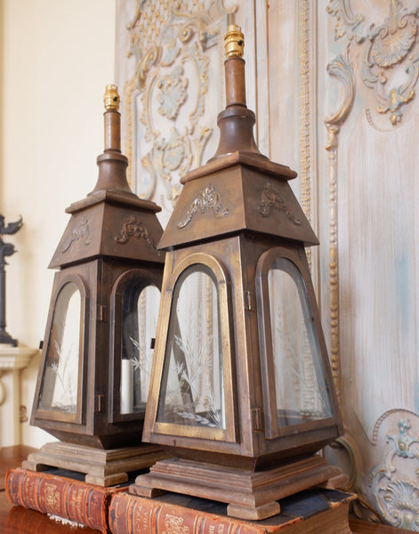 Pair of Vintage Tall FRENCH Ornate METAL Glass Etched Gold Table Lamps LANTERNS