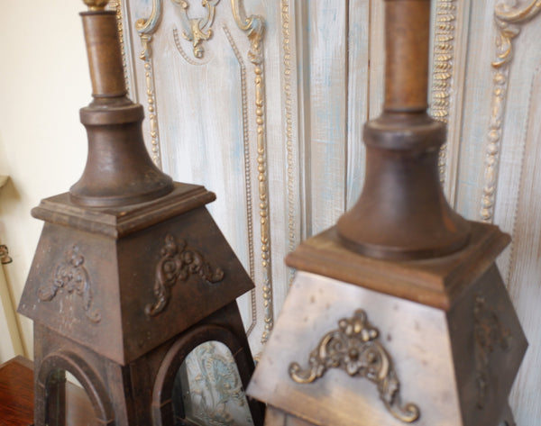 Pair of Vintage Tall FRENCH Ornate METAL Glass Etched Gold Table Lamps LANTERNS