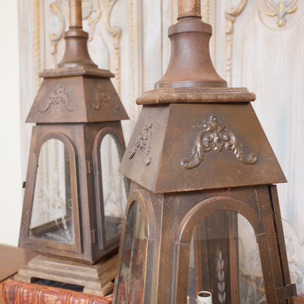 Pair of Vintage Tall FRENCH Ornate METAL Glass Etched Gold Table Lamps LANTERNS