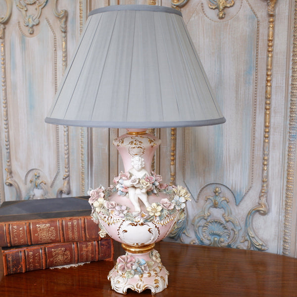 Vintage Pink PORCELAIN China Italian Style Ornate Floral CHERUBS 1950-60's Table Lamp