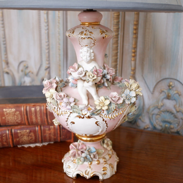 Vintage Pink PORCELAIN China Italian Style Ornate Floral CHERUBS 1950-60's Table Lamp