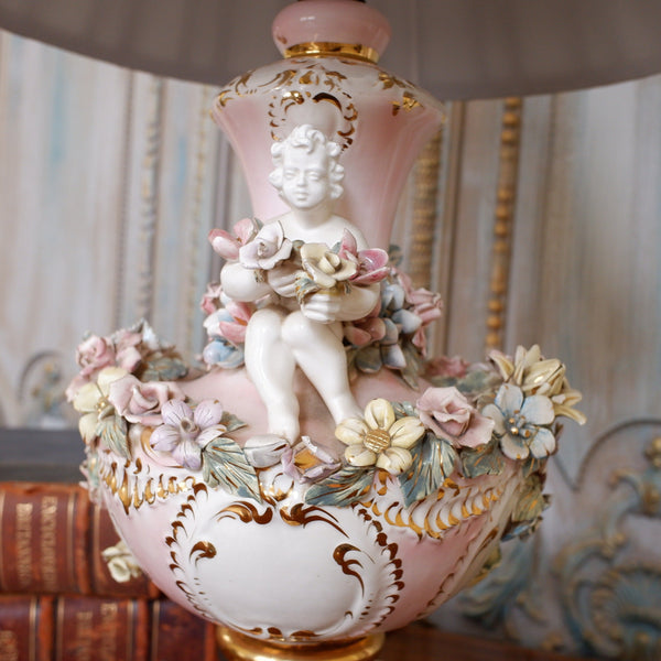 Vintage Pink PORCELAIN China Italian Style Ornate Floral CHERUBS 1950-60's Table Lamp