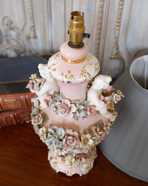 Vintage Pink PORCELAIN China Italian Style Ornate Floral CHERUBS 1950-60's Table Lamp