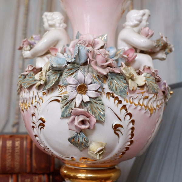 Vintage Pink PORCELAIN China Italian Style Ornate Floral CHERUBS 1950-60's Table Lamp