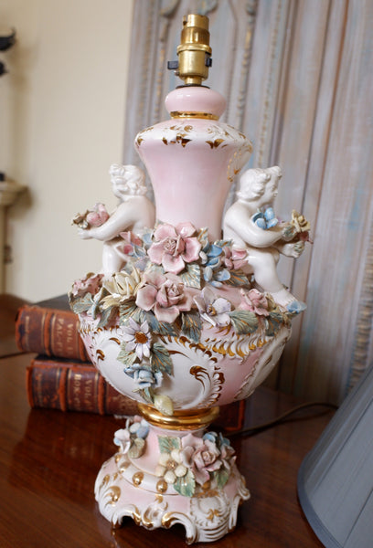 Vintage Pink PORCELAIN China Italian Style Ornate Floral CHERUBS 1950-60's Table Lamp