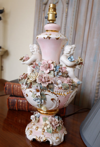 Vintage Pink PORCELAIN China Italian Style Ornate Floral CHERUBS 1950-60's Table Lamp
