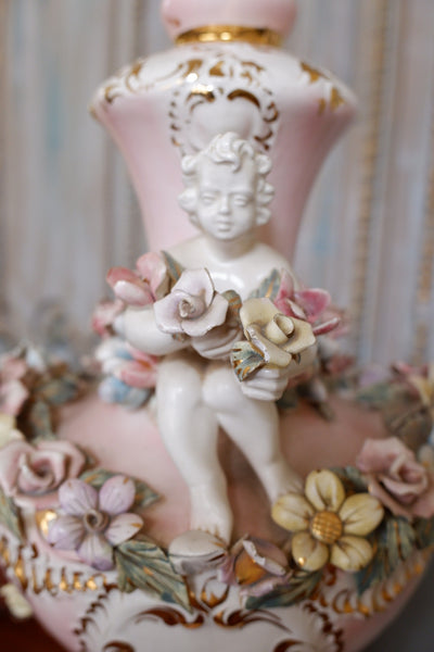 Vintage Pink PORCELAIN China Italian Style Ornate Floral CHERUBS 1950-60's Table Lamp