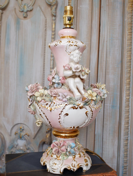 Vintage Pink PORCELAIN China Italian Style Ornate Floral CHERUBS 1950-60's Table Lamp