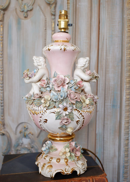 Vintage Pink PORCELAIN China Italian Style Ornate Floral CHERUBS 1950-60's Table Lamp