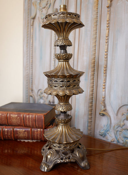 Vintage Eastern MOORISH Gold Ornate Pierced BRASS Metal Column Tall Table Lamp