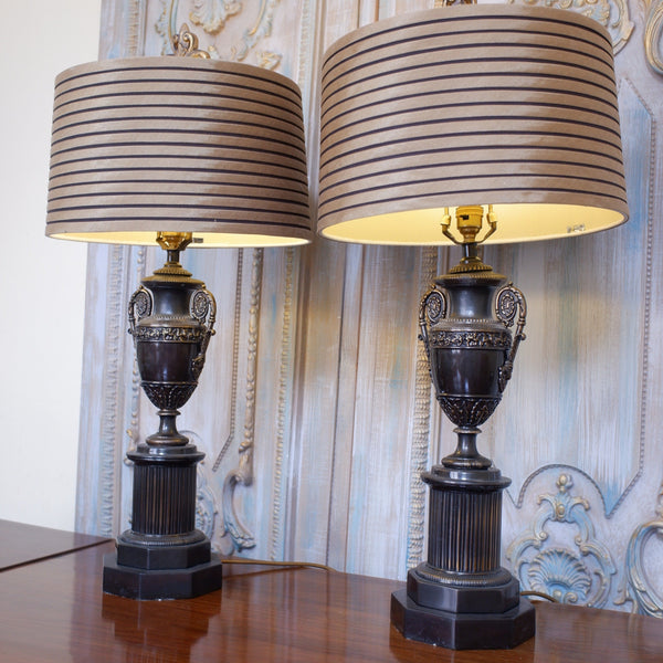 Pair of Vintage French Bronze Finish Ornate Metal URN Table Lamps