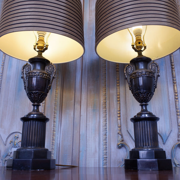 Pair of Vintage French Bronze Finish Ornate Metal URN Table Lamps