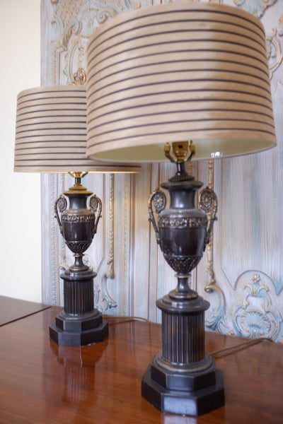 Pair of Vintage French Bronze Finish Ornate Metal URN Table Lamps