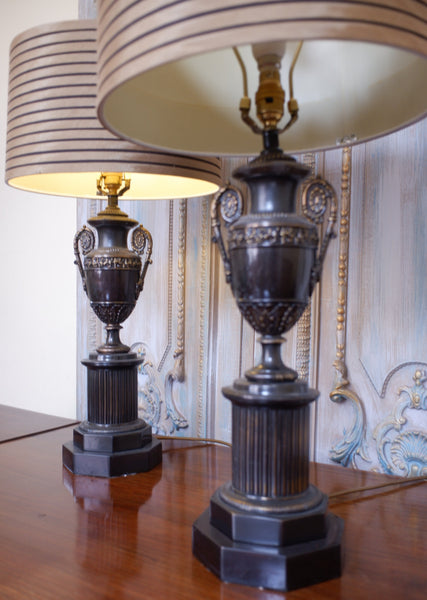 Pair of Vintage French Bronze Finish Ornate Metal URN Table Lamps